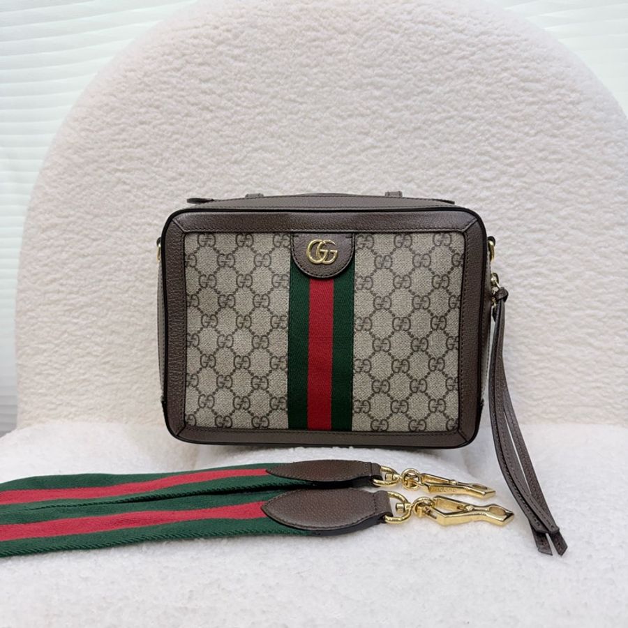 Gucci原花拚咖牛皮ophidia方形手提包-0
