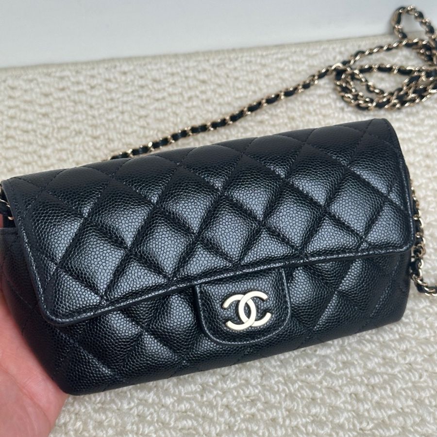 香奈兒 chanel 眼鏡盒荔枝紋牛皮金色金屬黑色-0