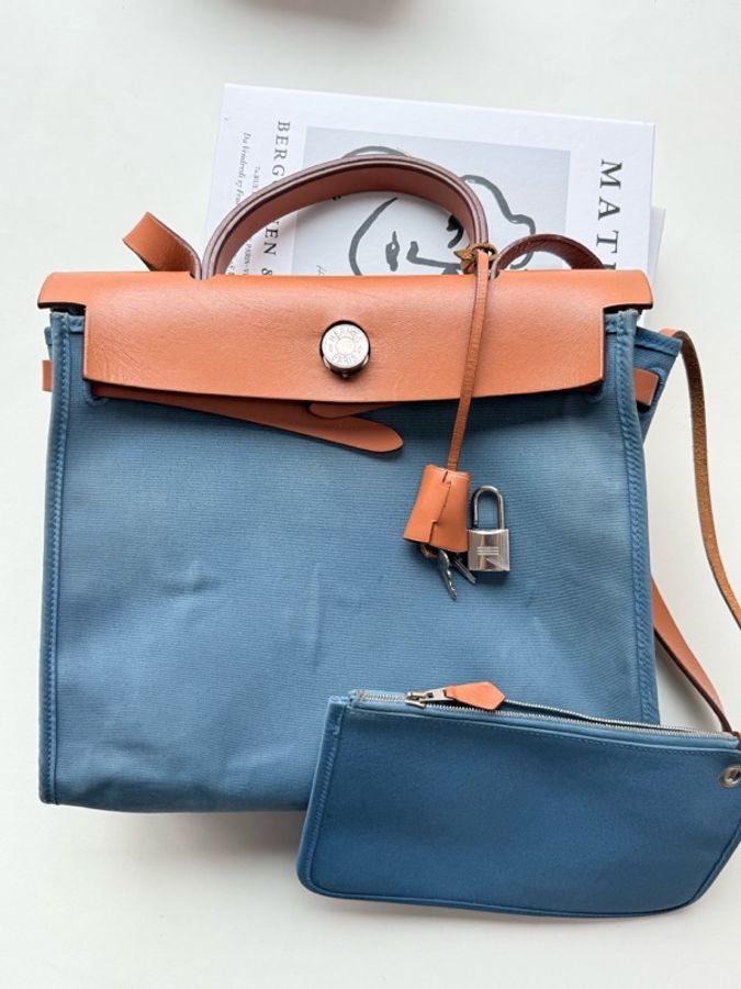 Hermes herbag31 橙藍拼色 牛皮拼帆布-0