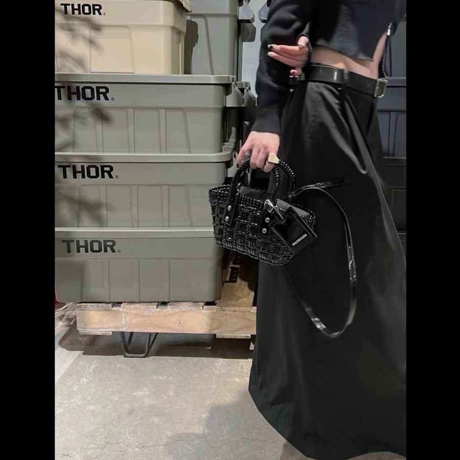Balenciaga巴黎世家 黑色銀扣 Bistro編織菜籃子單肩包 18cm-0