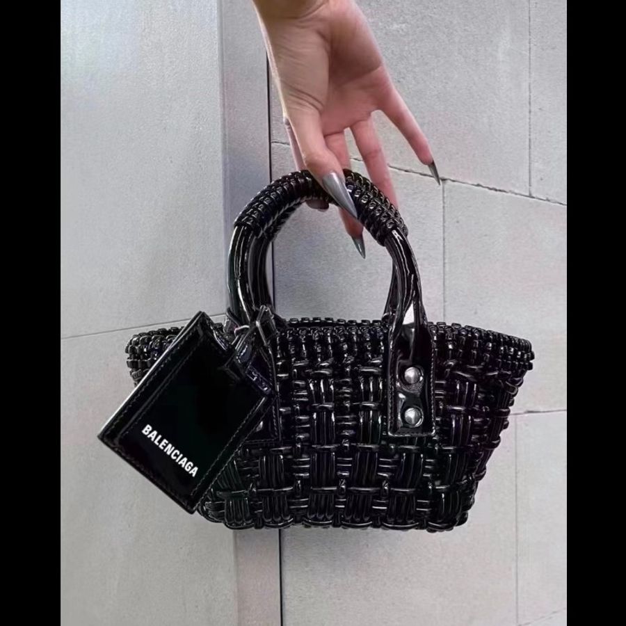 Balenciaga巴黎世家 黑色銀扣 Bistro編織菜籃子單肩包 18cm-1