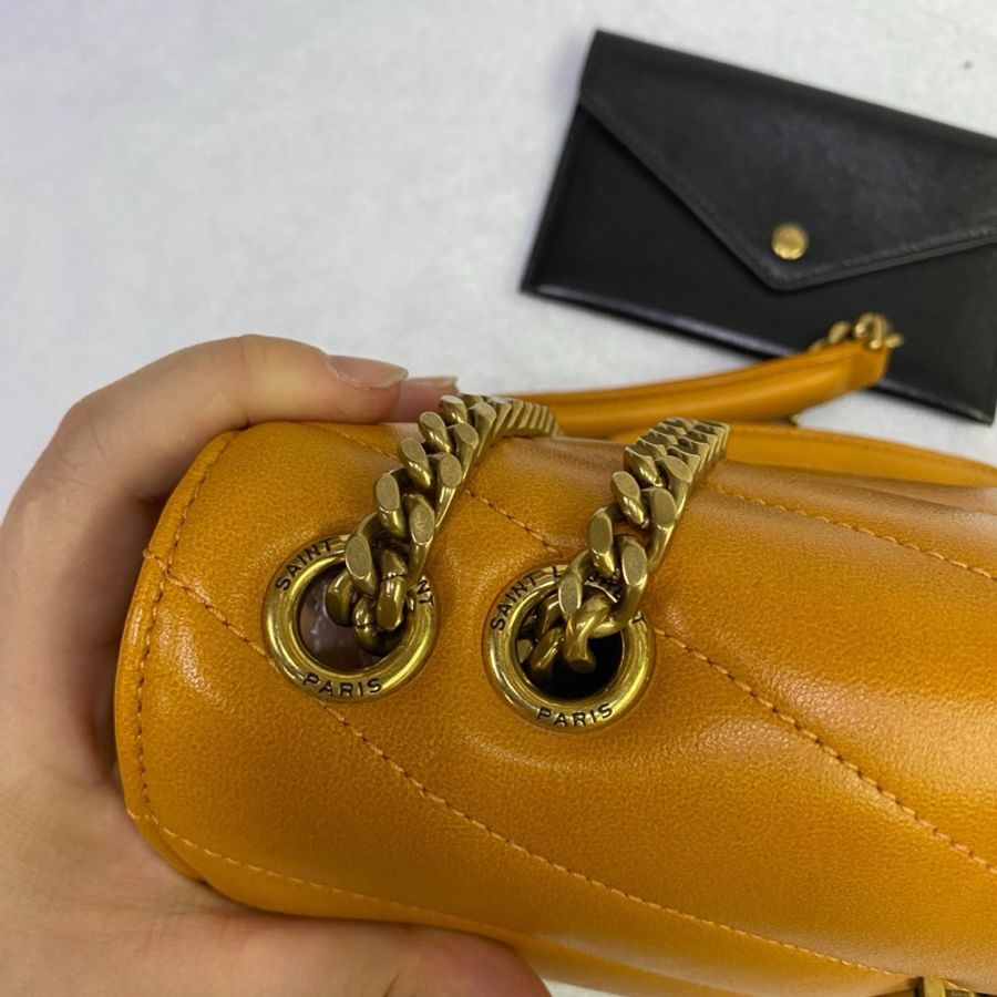 聖羅蘭 YSL LOULOU 金色五金件品牌Logo標識 小羊皮 單肩包 中號 女款 橙色-3