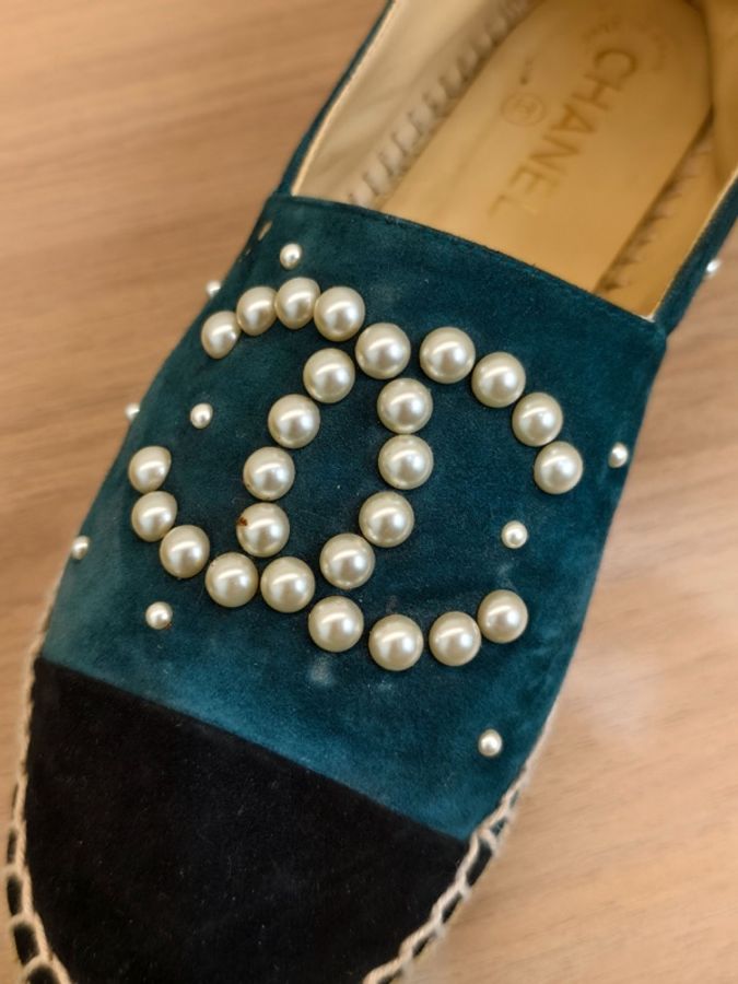 Chanel香奈兒 珍珠漁夫鞋 藍綠色 38碼-8
