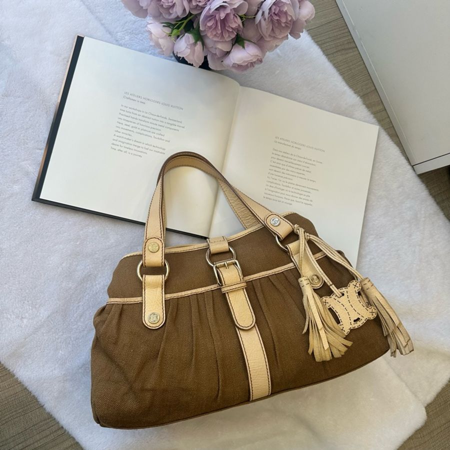 【赫蒂國際精品】Celine Boogie 棕色帆布米色皮革手提包 vintage-0
