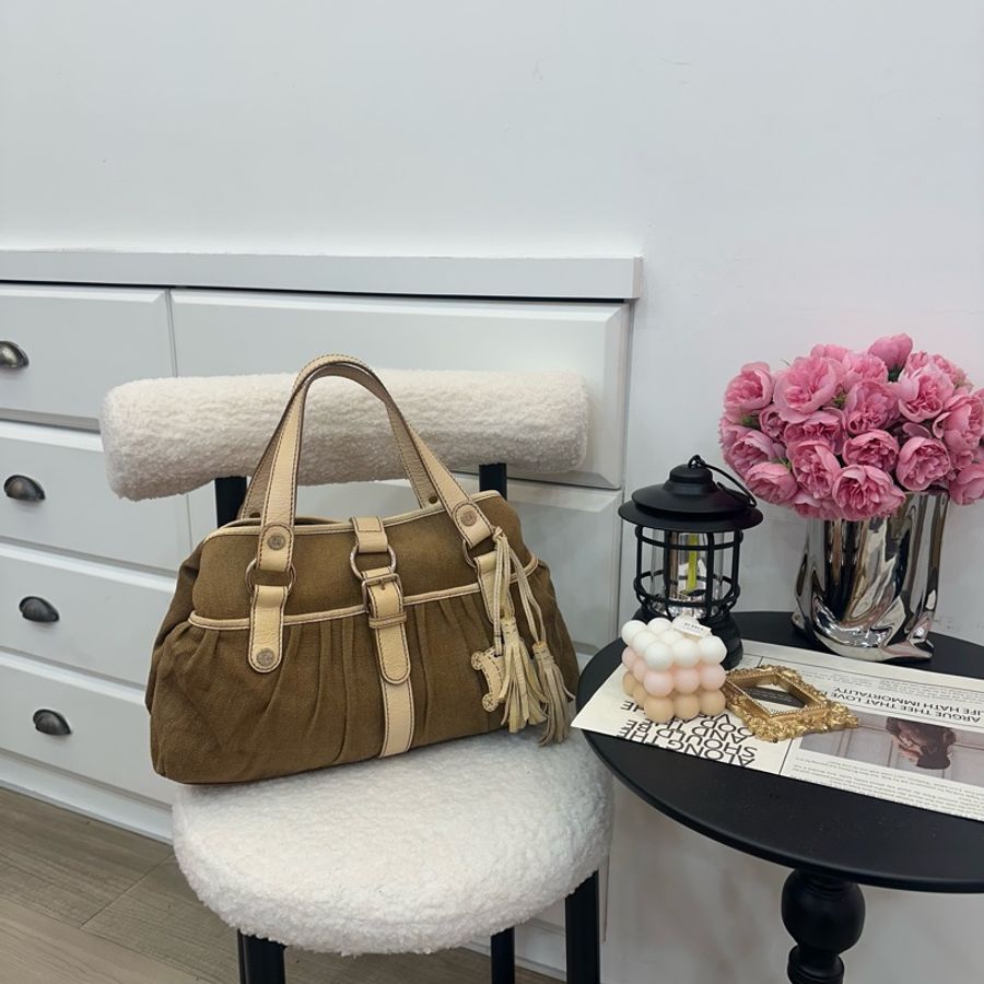 【赫蒂國際精品】Celine Boogie 棕色帆布米色皮革手提包 vintage-1