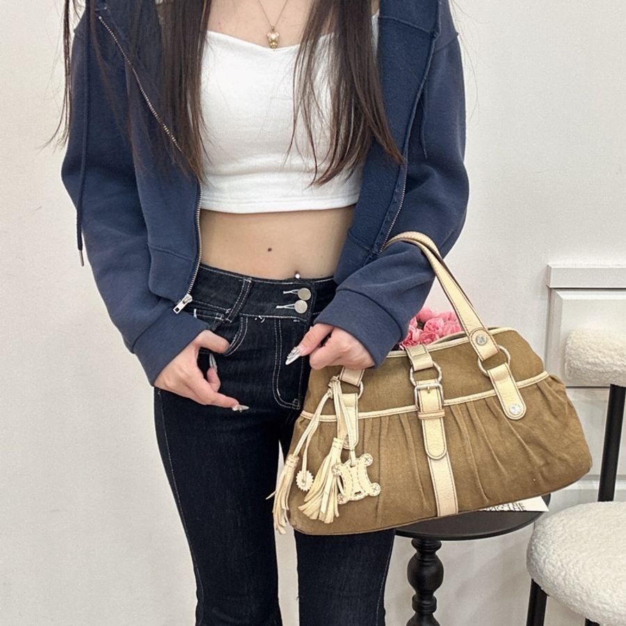 【赫蒂國際精品】Celine Boogie 棕色帆布米色皮革手提包 vintage-3