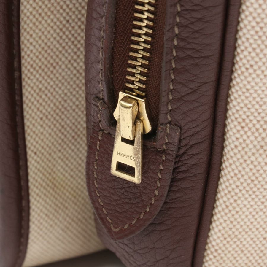 HERMES Victoria 包 Toile H 帆布 Clemence 皮革 米色 棕色 米色 二手 GHW-5