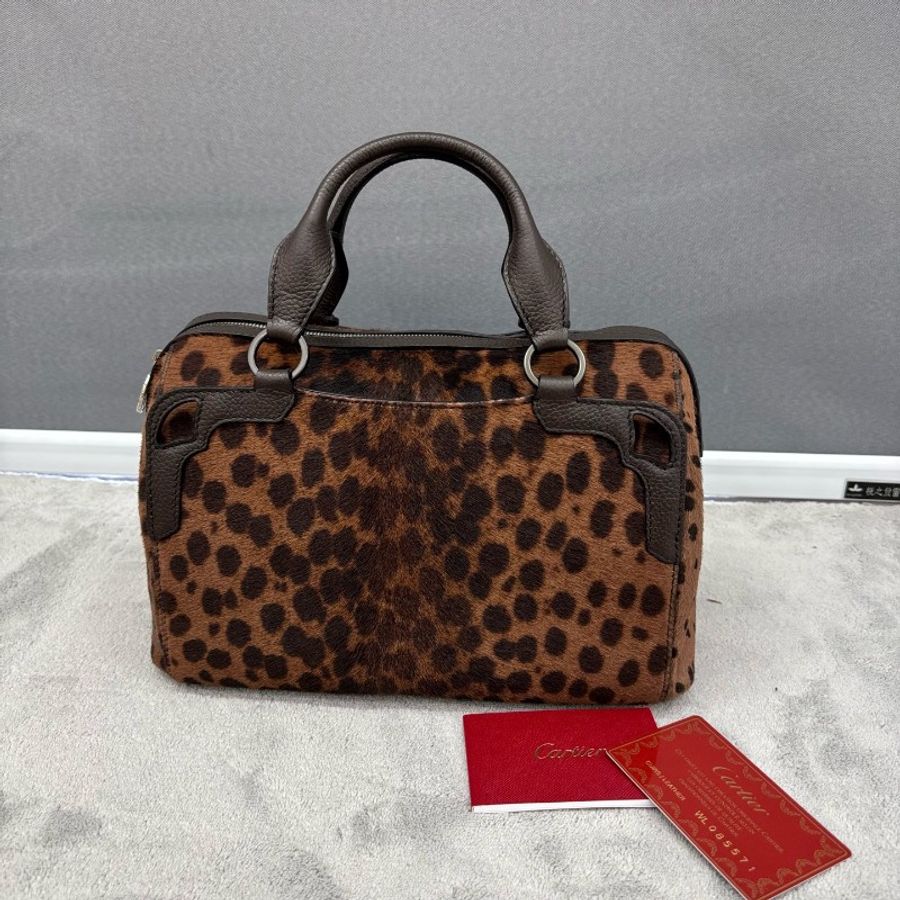 Cartier 中古Panthère獵豹系列豹紋馬毛波士頓手提包-1