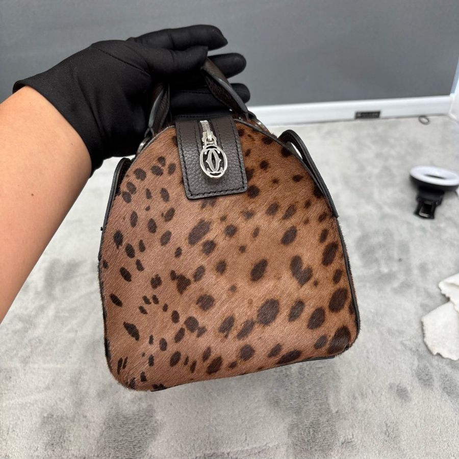 Cartier 中古Panthère獵豹系列豹紋馬毛波士頓手提包-3
