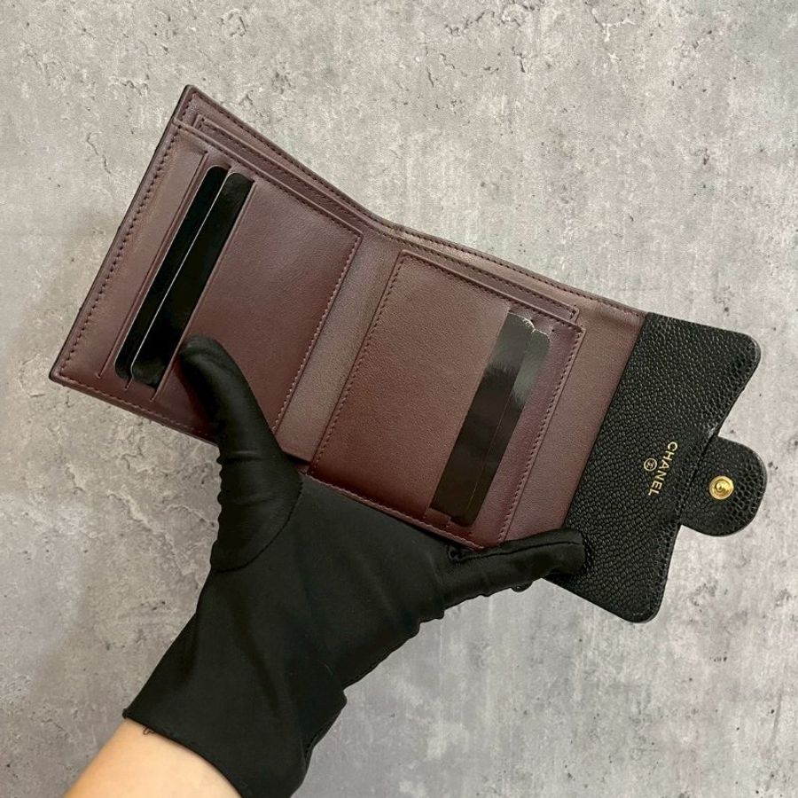 Chanel 三摺短夾 黑金荔枝牛-11