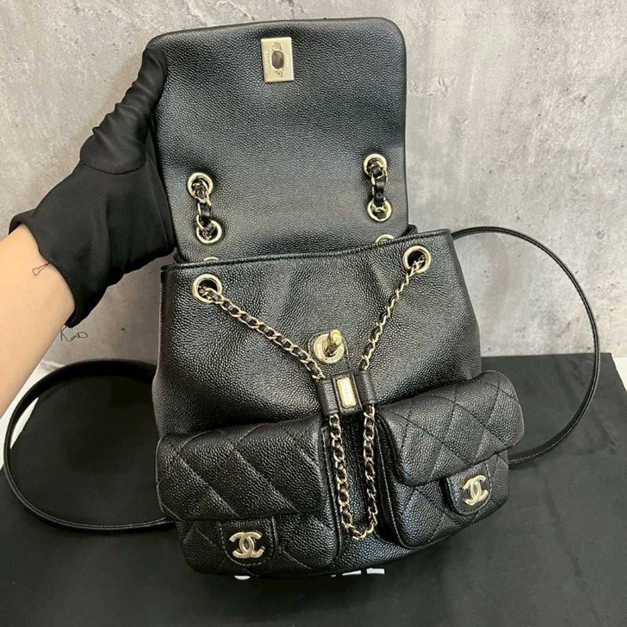 Chanel 小青蛙中號 黑金荔枝牛 晶片款 全配-14