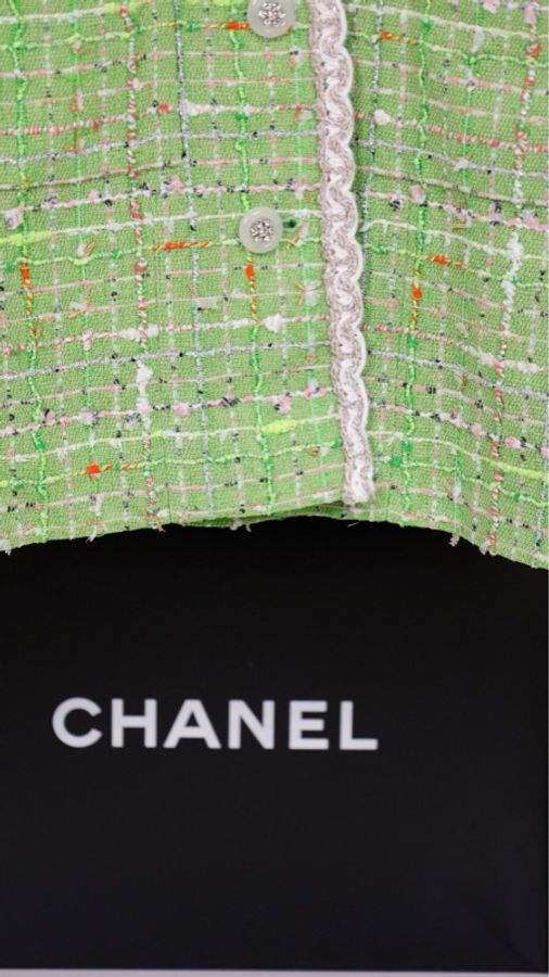 Chanel 25C海洋世界系列秀款苹果绿粗花呢连帽可拆卸两口袋外套-38