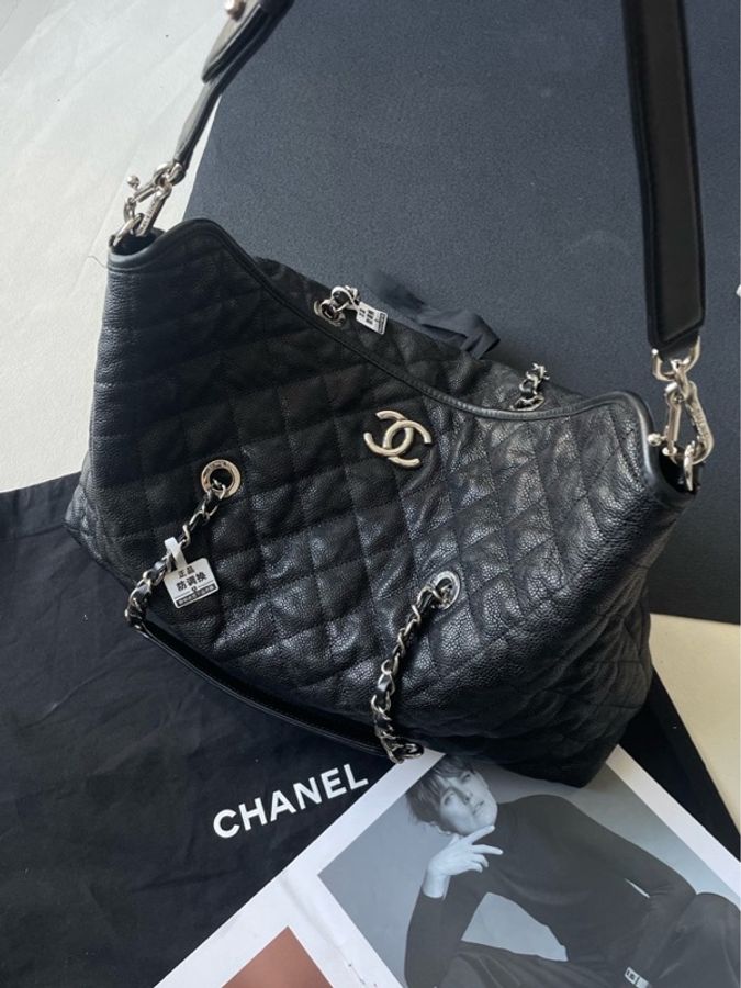Chanel 黑銀荔枝皮2way hobo 機場包 尺寸:38*10*24-0