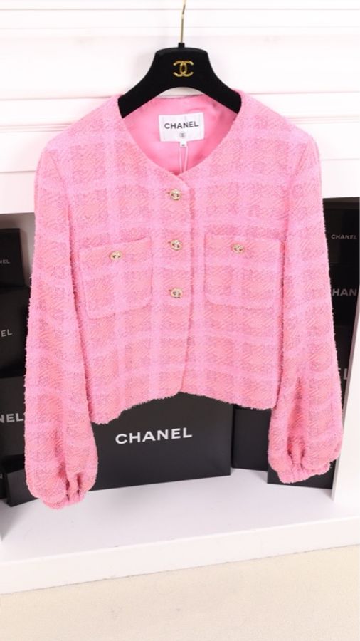 Chanel 24P粉色格纹斜纹软呢灯笼袖两口袋外套周迅同款-2