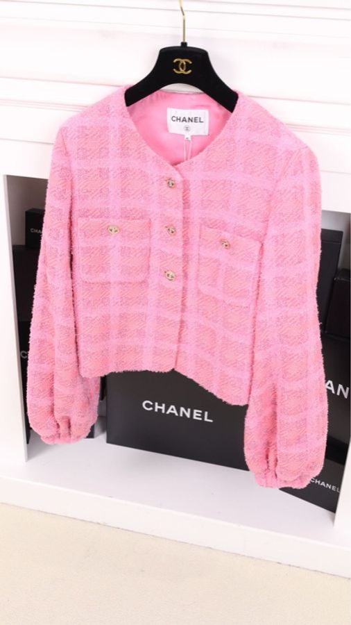 Chanel 24P粉色格纹斜纹软呢灯笼袖两口袋外套周迅同款-5