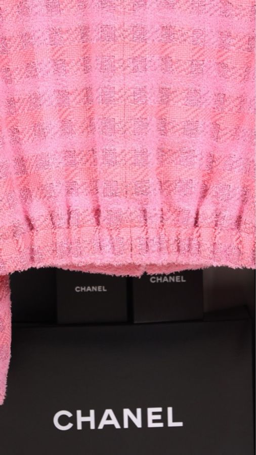Chanel 24P粉色格纹斜纹软呢灯笼袖两口袋外套周迅同款-10