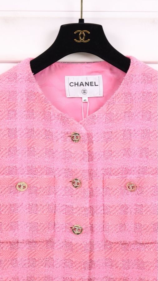 Chanel 24P粉色格纹斜纹软呢灯笼袖两口袋外套周迅同款-13