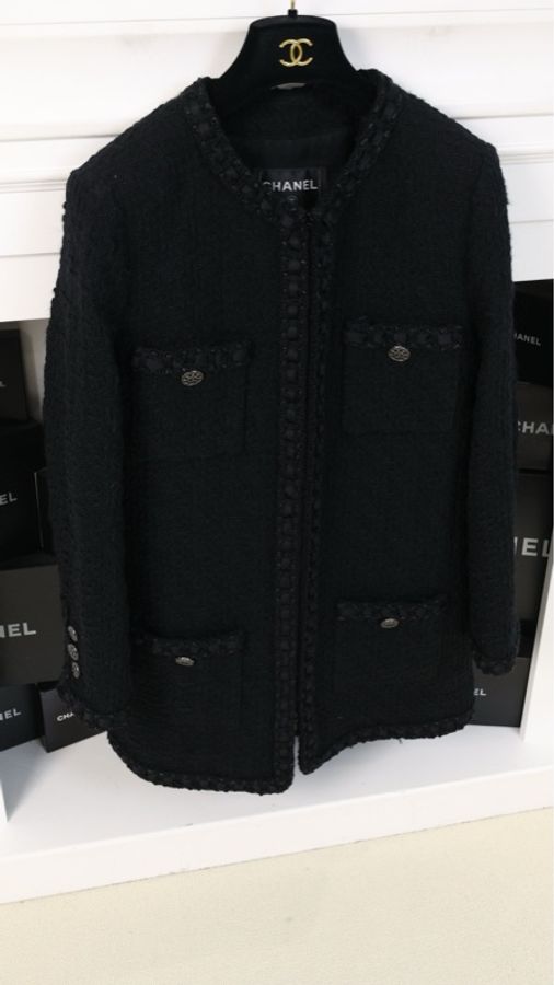 Chanel 16年罗马系列黑色粗花呢拉链四口袋长款外套FR44 23/12-2