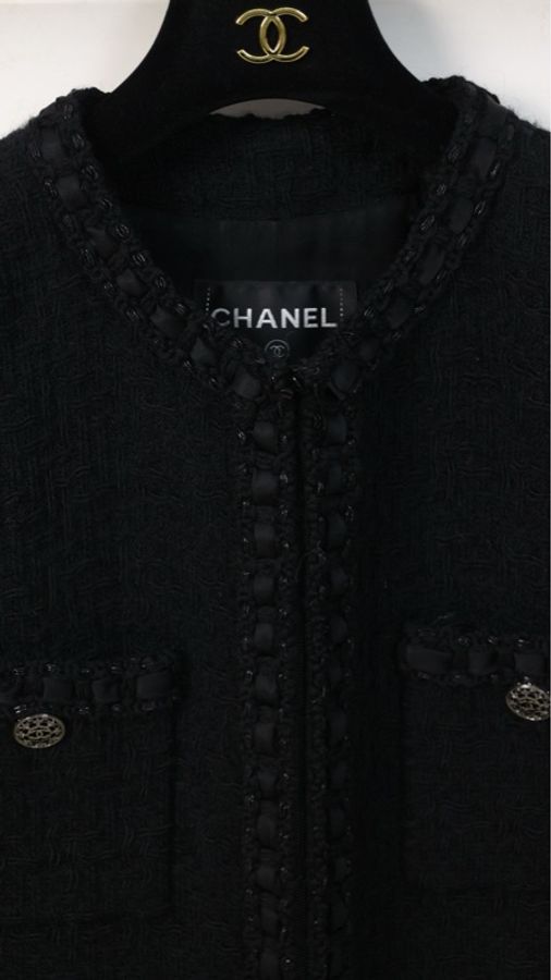 Chanel 16年罗马系列黑色粗花呢拉链四口袋长款外套FR44 23/12-4
