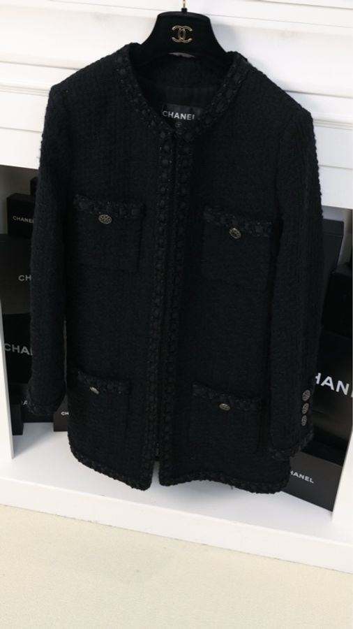 Chanel 16年罗马系列黑色粗花呢拉链四口袋长款外套FR44 23/12-5
