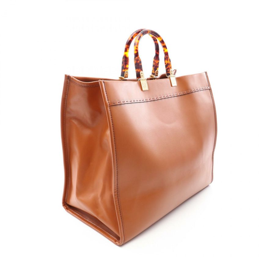 FENDI Sunshine Logo 大手提包 8BH372 皮革 棕色 二手 女士-1