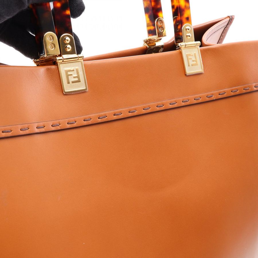 FENDI Sunshine Logo 大手提包 8BH372 皮革 棕色 二手 女士-13
