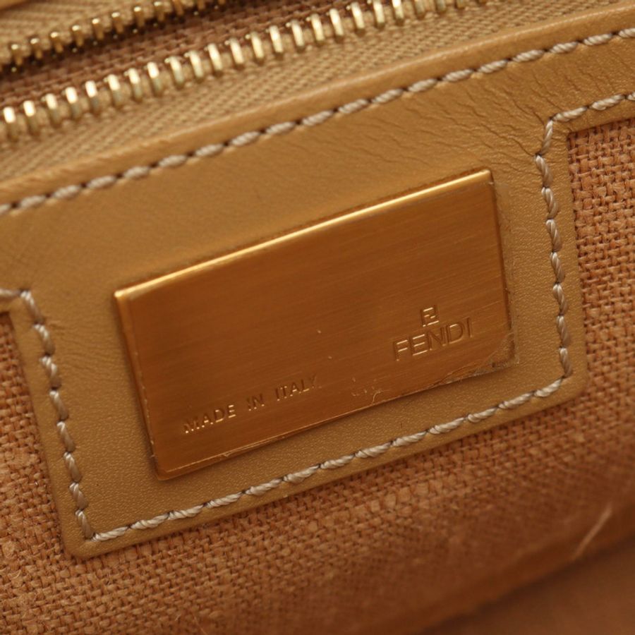 FENDI Zucca 拉鍊手提包 帆布皮革 米色 黑色 二手 女款 FF-3