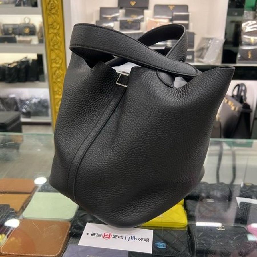 東區正精品㊣ HERMES PICOTIN 22 愛馬仕黑色銀釦水桶袋包鎖頭包手提包菜籃子 W刻 RZ6545-5