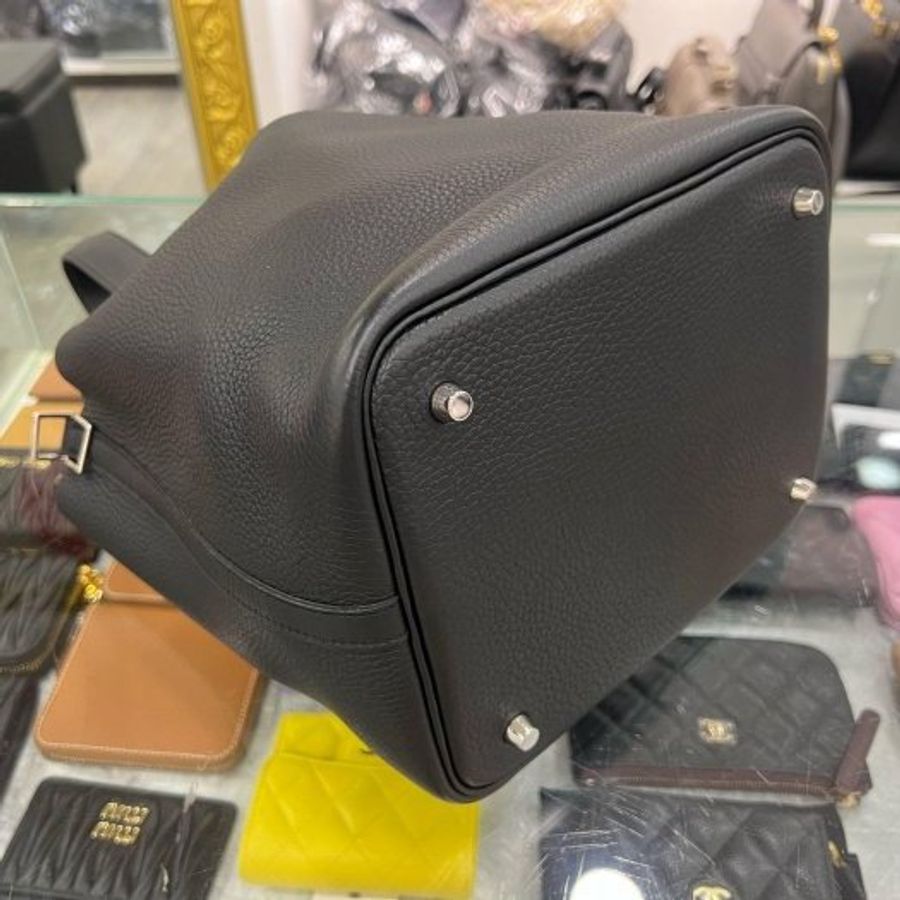 東區正精品㊣ HERMES PICOTIN 22 愛馬仕黑色銀釦水桶袋包鎖頭包手提包菜籃子 W刻 RZ6545-10
