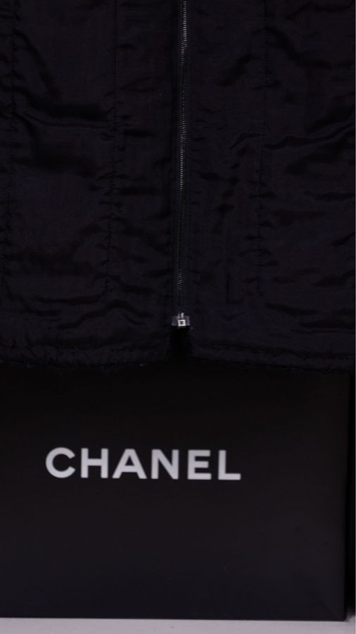 Chanel 16年罗马系列黑色粗花呢缎面滚边拉链V领四口袋外套FR42 24/4-30