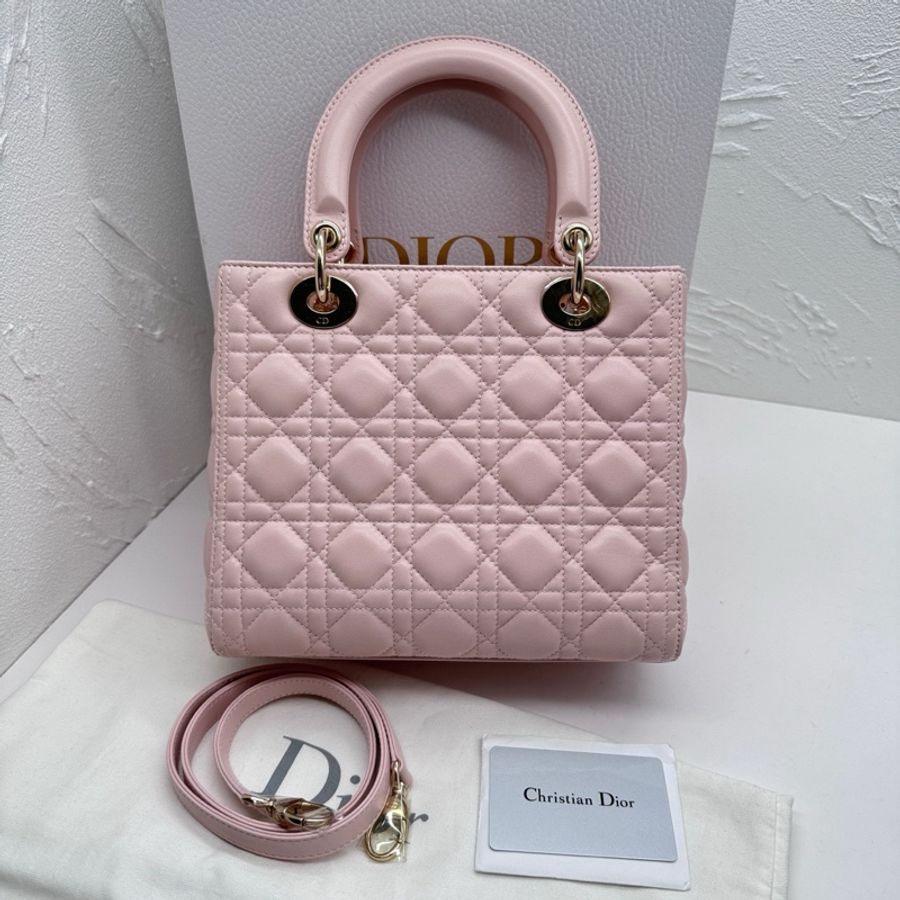 Dior迪奧Lady Dior中號櫻花粉色金扣五格戴妃包 尺寸約24*21*12cm-1