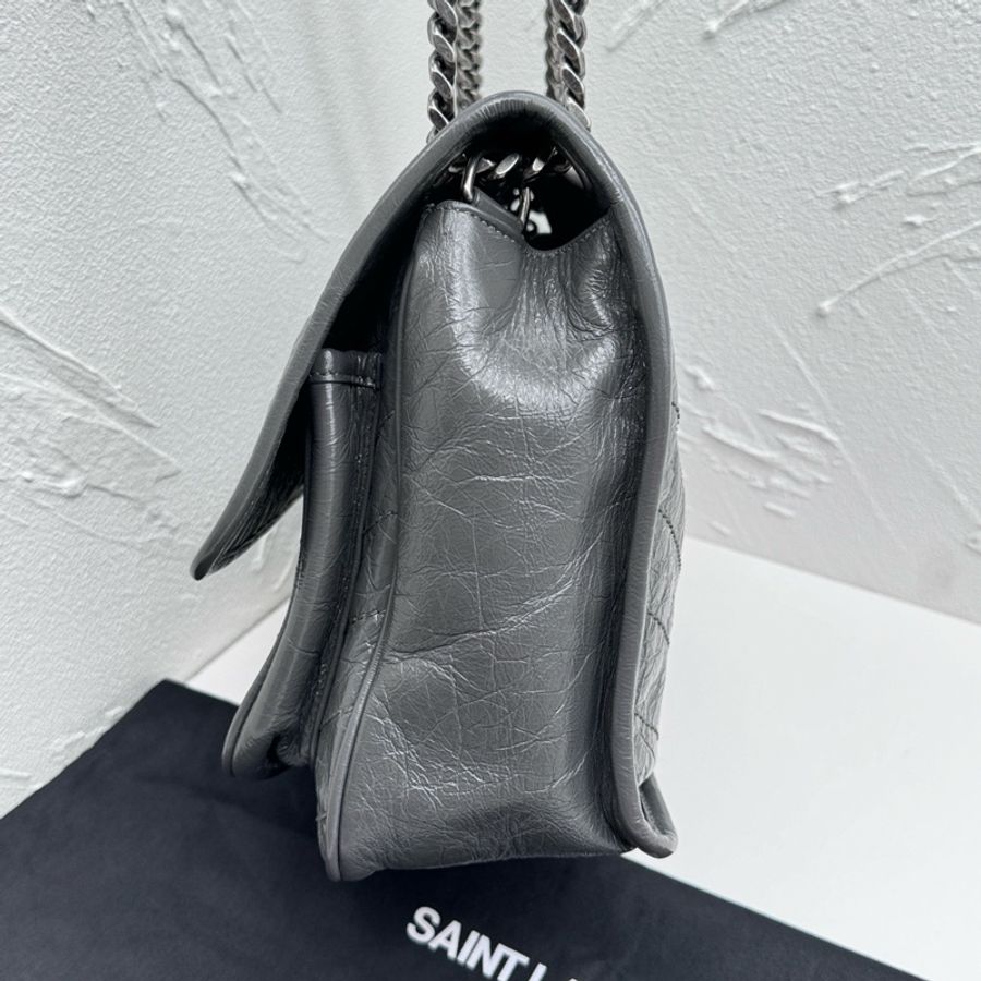 YSL Niki中號灰色油蠟皮銀鏈單肩斜挎包 尺寸約28*20*9cm,附件:塵袋-3