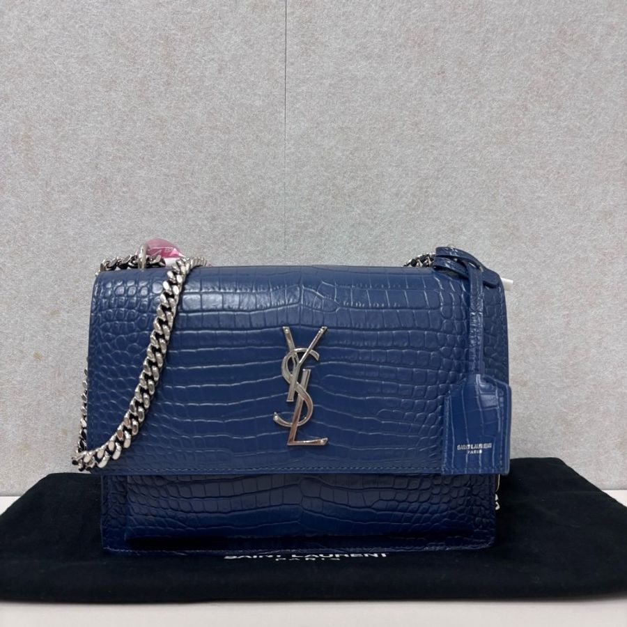 YSL 藍色鱷魚壓紋日落包-0