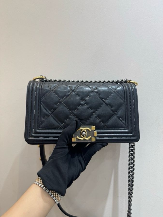 Chanel/香奈兒 Leboy中號15S黑色牛皮外縫線鴛鴦扣鏈條包肩背包-3