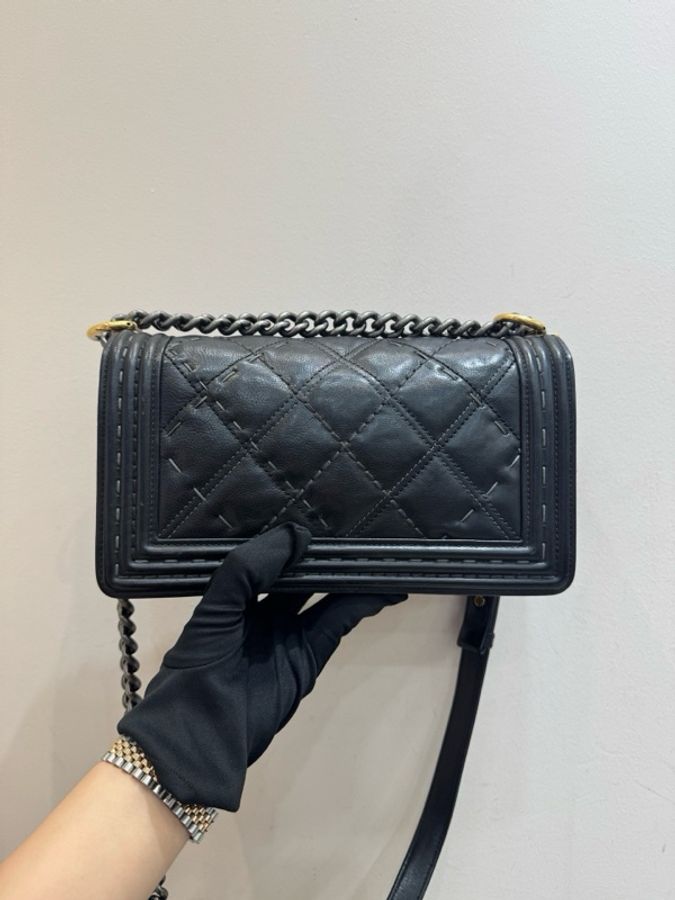 Chanel/香奈兒 Leboy中號15S黑色牛皮外縫線鴛鴦扣鏈條包肩背包-5