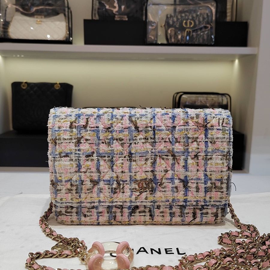 Chanel香奈兒限量款粉藍色毛呢woc包單肩包斜挎包鏈條包,尺寸:20x4x12-0