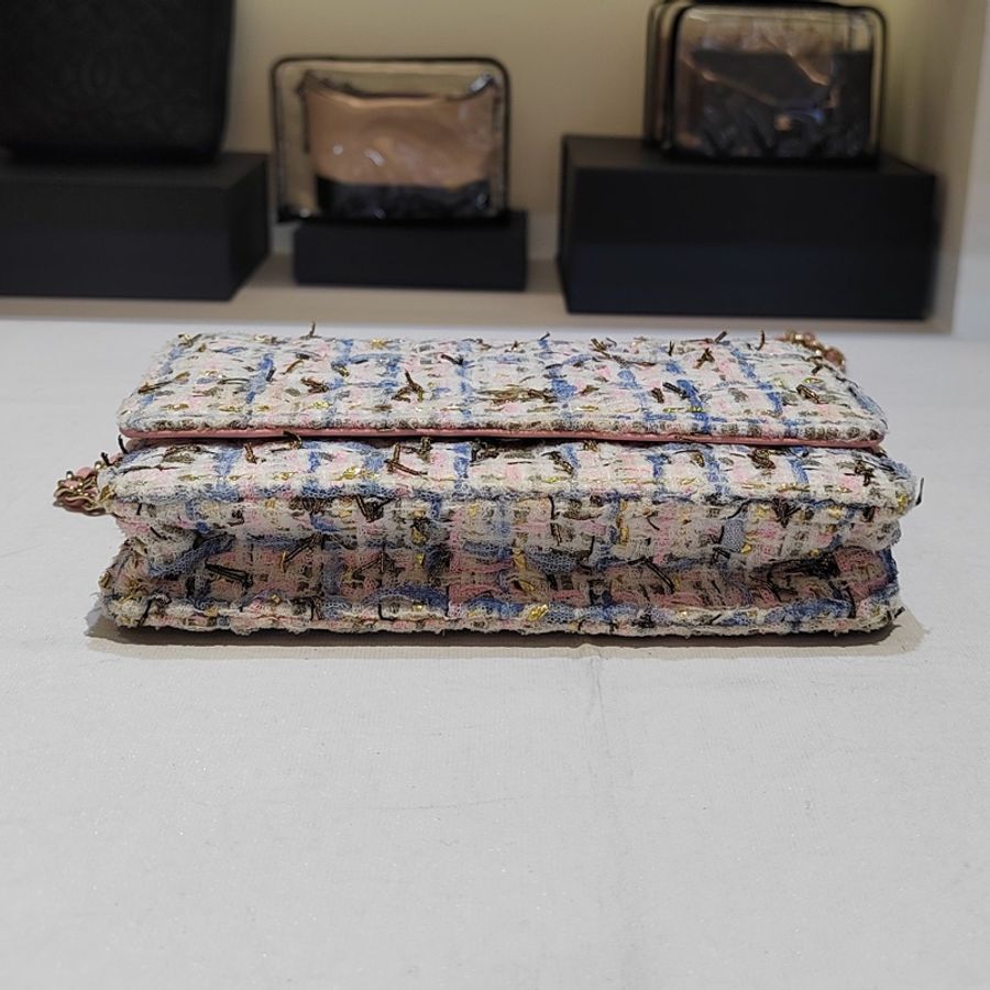 Chanel香奈兒限量款粉藍色毛呢woc包單肩包斜挎包鏈條包,尺寸:20x4x12-2