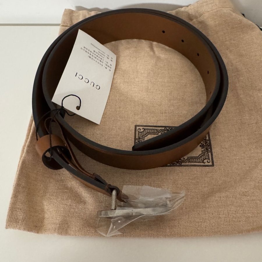 GUCCI古馳做舊款互扣式雙G標識造型扣 牛皮革 皮帶 男款 棕色-2