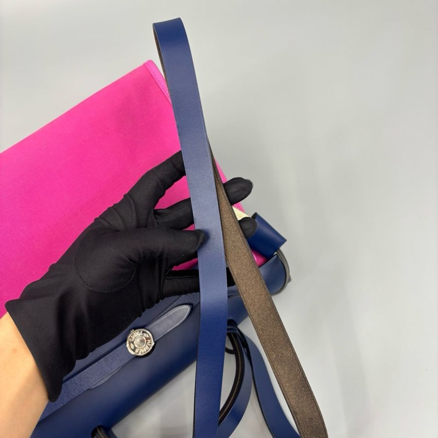 Hermes 愛馬仕 深藍色牛皮拼紫色帆布手提包 肩背包 兩用包 凱莉包平替HerBag31 HerBagZIP T刻 95新-5