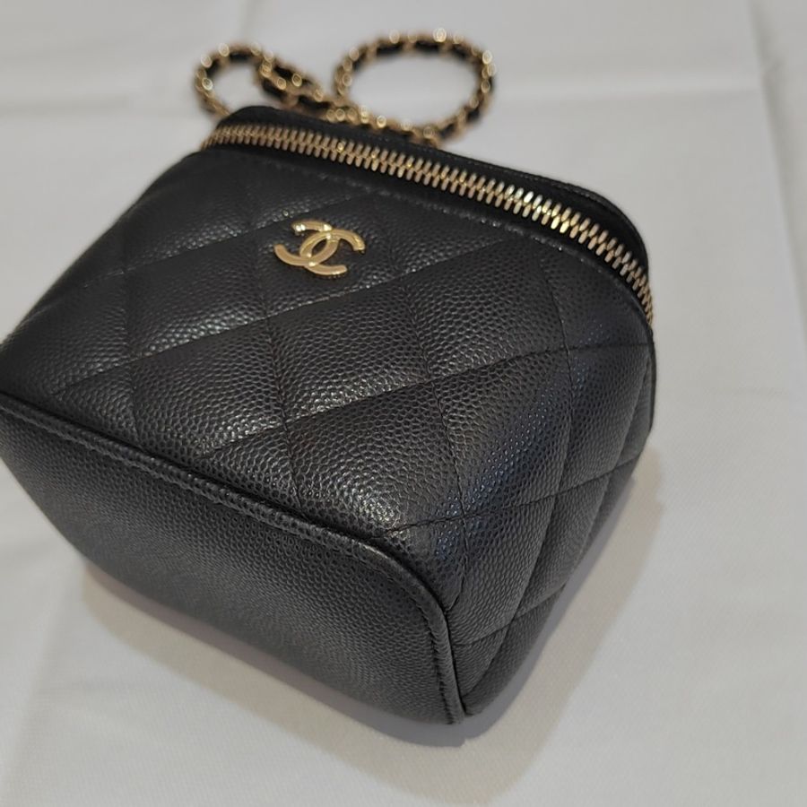 Chanel 香奈兒黑金荔枝皮化妝小盒子鏈條斜挎包-3