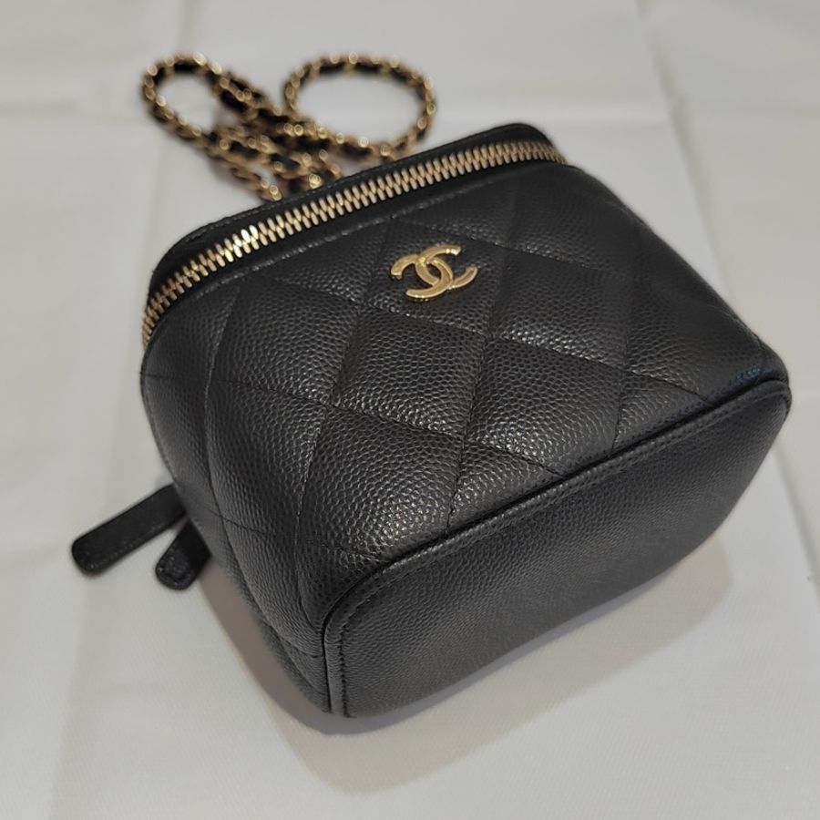 Chanel 香奈兒黑金荔枝皮化妝小盒子鏈條斜挎包-4