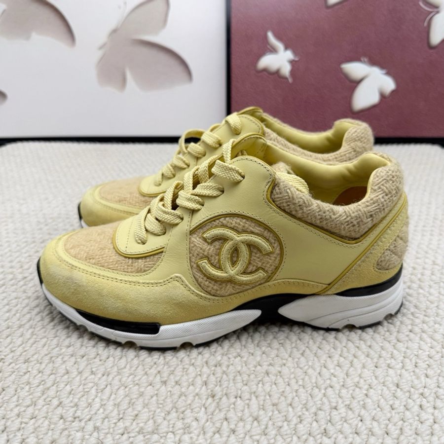 香奈兒Chanel 黃色麂皮 小牛皮 運動鞋 36.5碼 低幫厚底-3