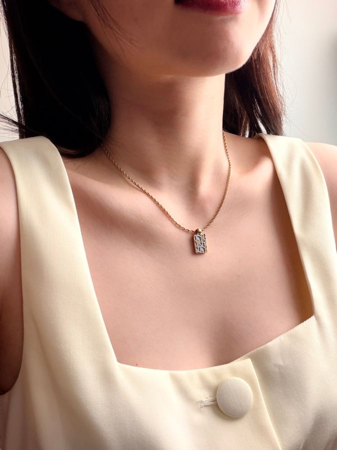 Christian Dior 復古藍色 Oblique 老花小金磚吊墜頸鍊 項鏈-0