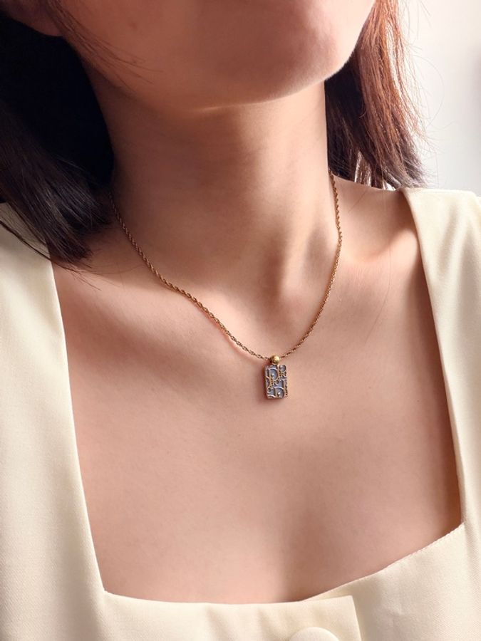 Christian Dior 復古藍色 Oblique 老花小金磚吊墜頸鍊 項鏈-1
