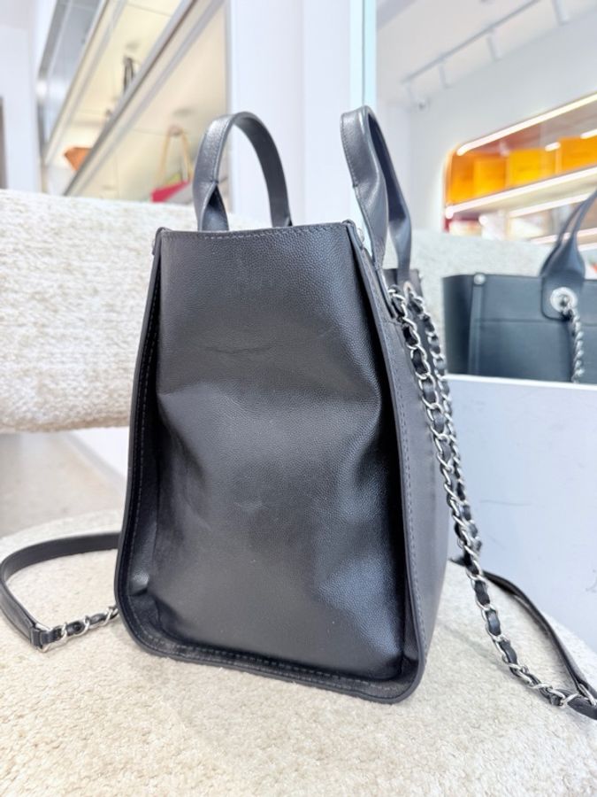 Chanel/香奈兒 荔枝紋牛皮 銀扣 黑色鏈條手提單肩兩用 尺寸:27*33-10