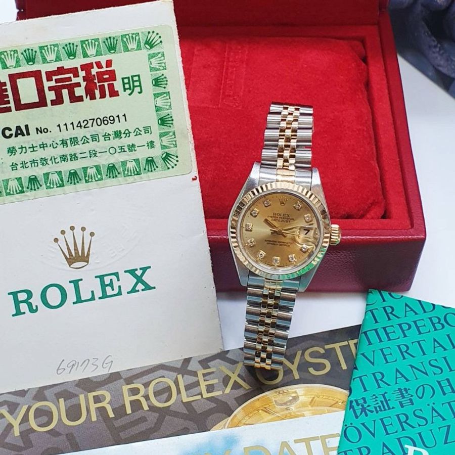 【大眾名錶】ROLEX勞力士 69173 Datejust 18K半金 蠔式女錶 新包台 金色十鑽面盤 大眾名錶G357-3