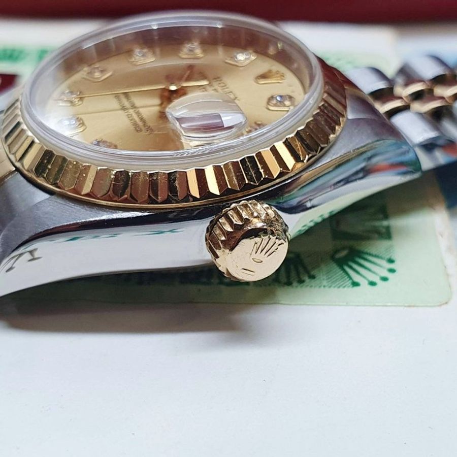【大眾名錶】ROLEX勞力士 69173 Datejust 18K半金 蠔式女錶 新包台 金色十鑽面盤 大眾名錶G357-7