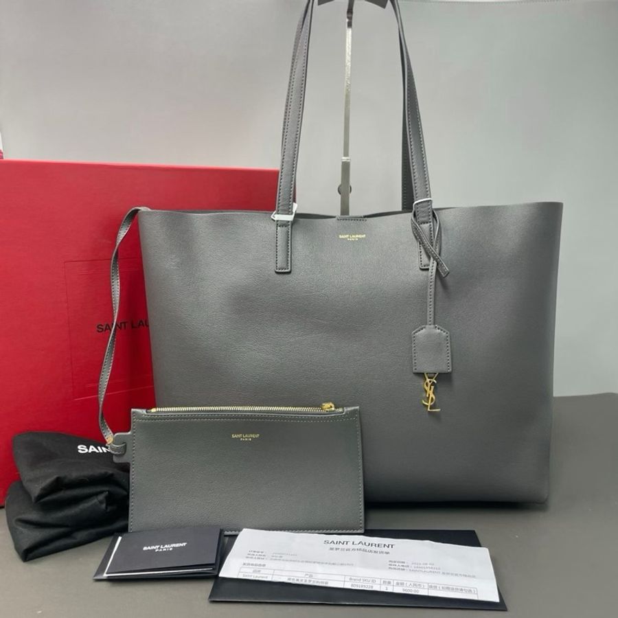 【威選精品|Saint Laurent YSL 灰色橫款購物托特包】-0