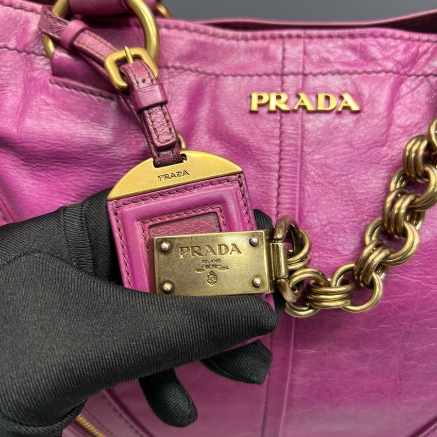 Prada普拉達 薔薇紫油蠟皮機車手提包 成色97新-6