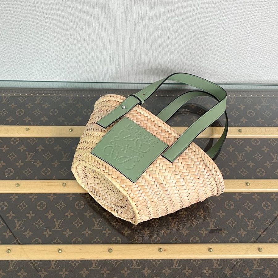 LOEWE 綠色拼皮草編 手提肩背菜籃子包 17*19*11 98新配件塵袋-4